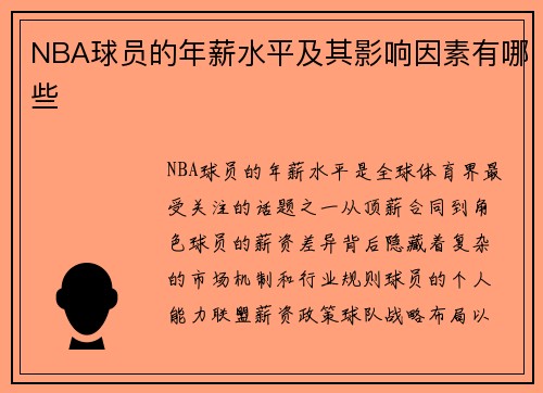 NBA球员的年薪水平及其影响因素有哪些